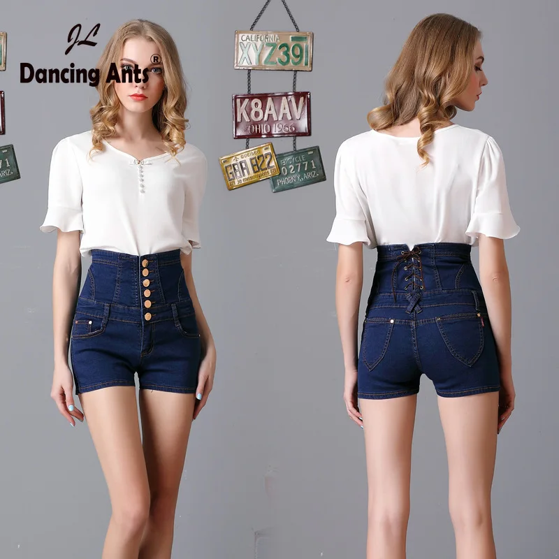 

Woman Plus-Size Shorts High Waist Skinny Elastic Jeans Short Korean Style Single Breasted Bandage Streetwear Women Denim Shorts