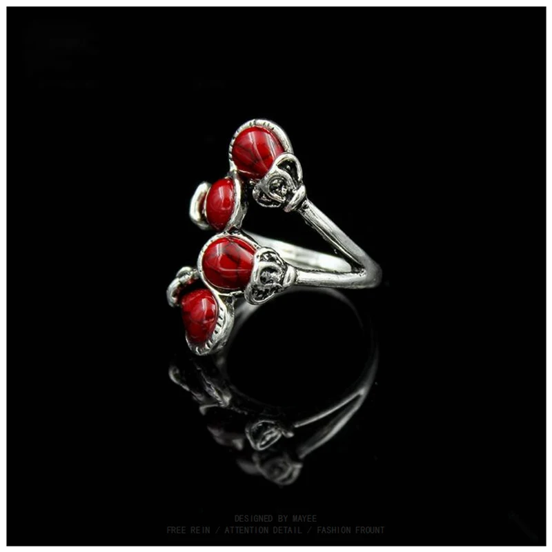 Fashion Bohemia Calaite Stone Rings Tibet Antique Silver Color Rings Alloy Carving Rings Leaf Branch Finger Rings For Women