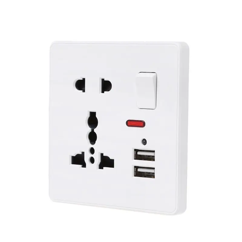 

Wall Socket With LED Light Switch 86 Type 5 Holes Double USB White PC Panel