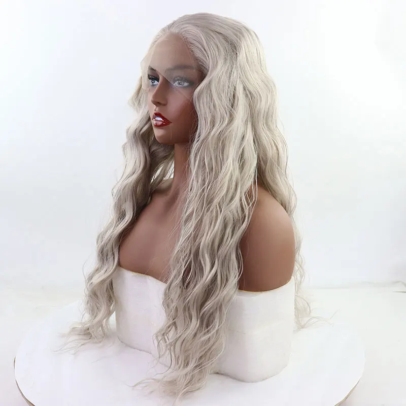 Bombshell Water Wave 13*3 Inch Synthetic Lace Front Wig Platinum Grey Heat Resistant Fiber Natural Hairline For Women Girl Wigs