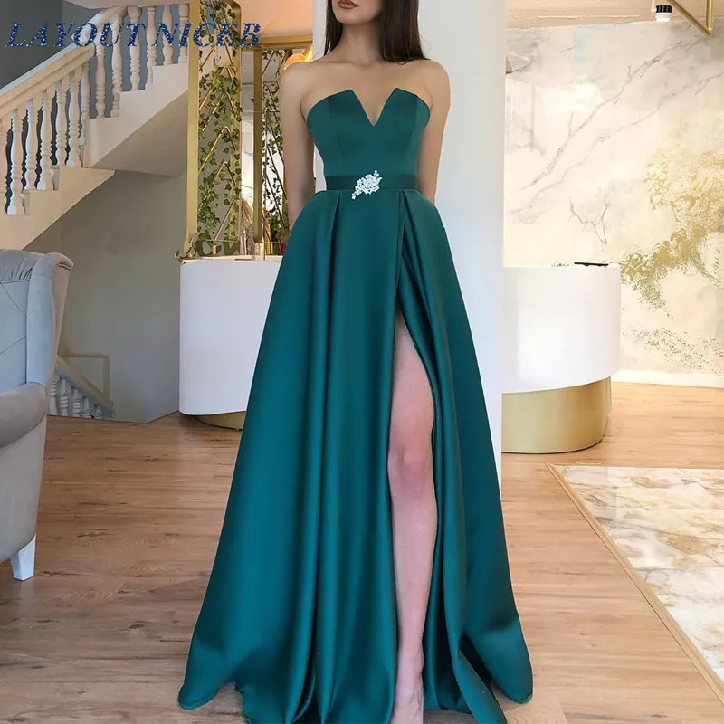 

Cheap Unique Design Neck Evening Dresses 2020 A-Line Sleeveless Sexy High Split Satin Long Party Gowns Robe de Soiree