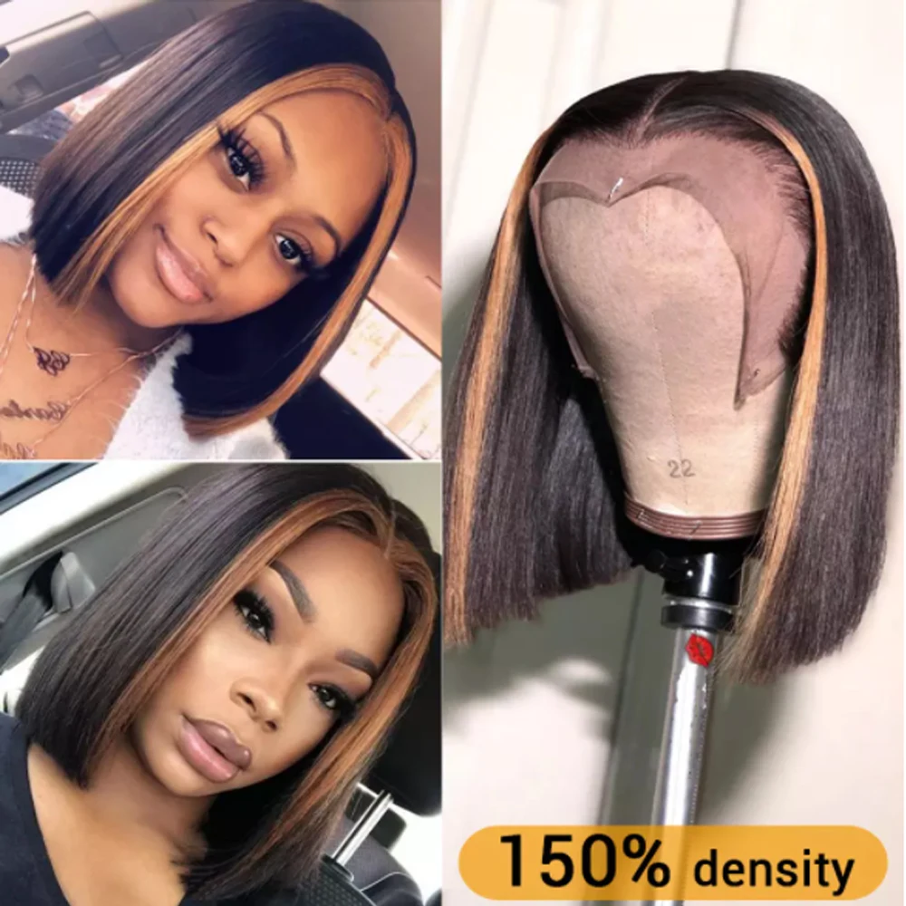 Highlight Brown Wig Short Bob Lace Front Human Hair Wigs Straight Brazilian For Women Remy Closure Frontal Ms love | Шиньоны и парики