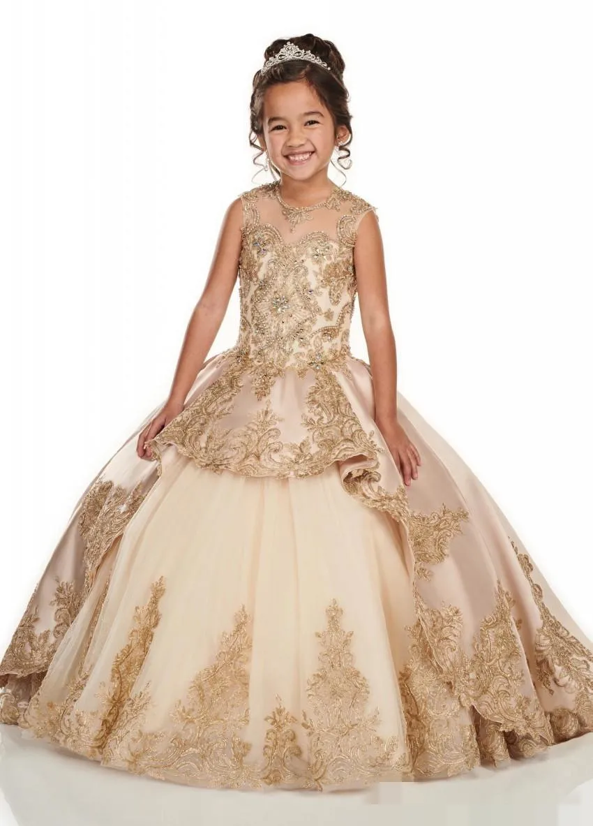 Adorable Champagne Girls Pageant Dresses New Beaded Crystals Appliqued Long Ruched Toddler Dress Corset Flower Girl Dresses