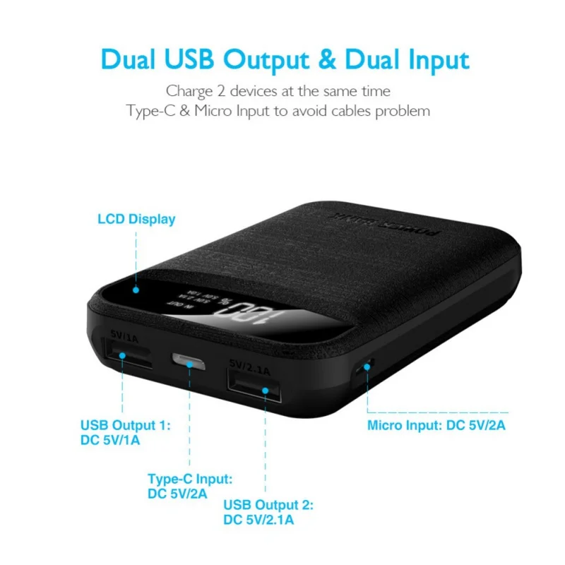 Мини и прочный 10000 мАч Мини банк питания двойной USB зарядное устройство type-C микро вход портативный Банк питания