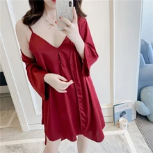 Одежда для сна на бретельках, 2 предмета, халат, сексуальная пижама для женщин, с длинным рукавом, летняя Новинка, пижама винно-красного цвета, домашняя одежда, сплошной цвет, простой халат