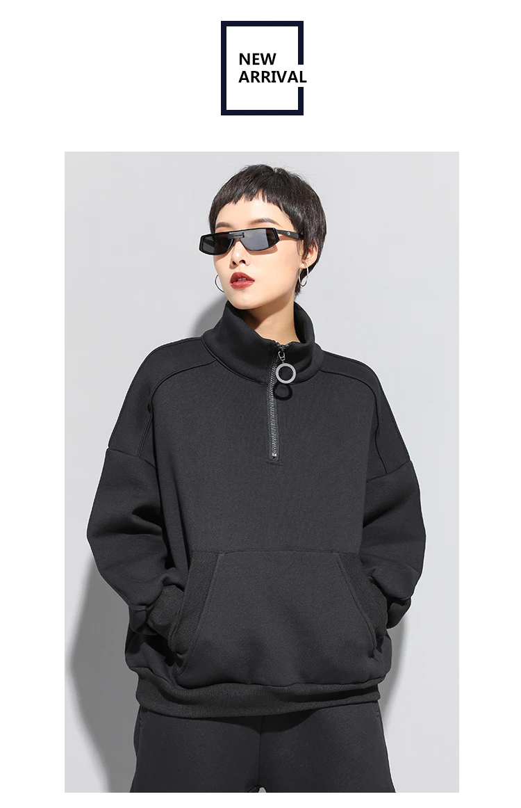 Autumn Winter Stand zipper Plus Size women Hoodies Sweatshirt velour Black Gothic Long sleeve Pocket tops lady kpop clothes