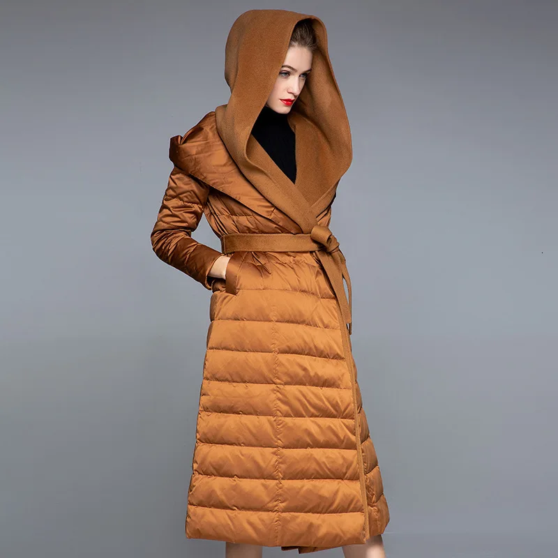 SHENGPALAE высокое качество пуховик женский длинный рукав с капюшоном пояс белый утиный пух осень зима теплая куртка FU088 - Цвет: orange