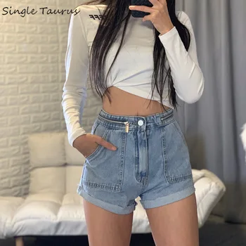 

Double Zipper Pocket Summer Denim Shorts Women 2020 Summer Korean High Waist Loose Streetwear Casual Wide Leg Jeans Shorts Mujer
