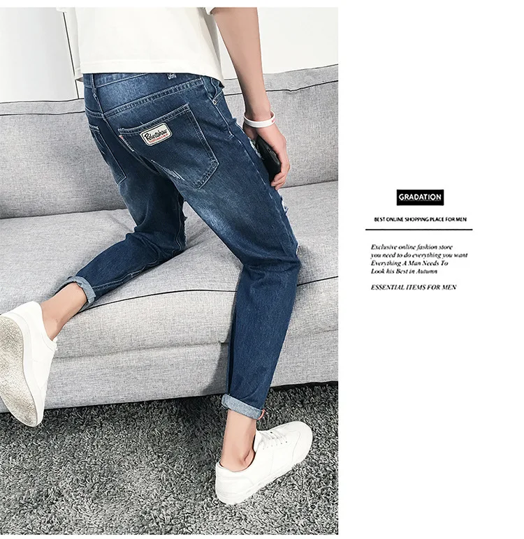 С дырками капри джинсы мужские летние тонкие секции корейский стиль Slim Fit Брюки Тип мужские брюки мужские нищие 9 очков брюки