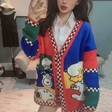 Осень-зима, корейский дизайнерский свитер Snoopy, женский свитер с мультипликационным принтом Kawaii, Женский вязаный кардиган, женский большой размер