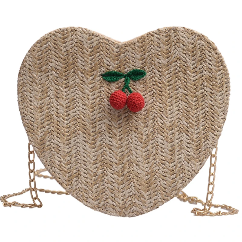 

Fashion Chic Straw Weave Shoulder Messenger Bag Chain Handbags Sweet Heart-shaped Cherry Package 2019 New Crossbody Beach Bag