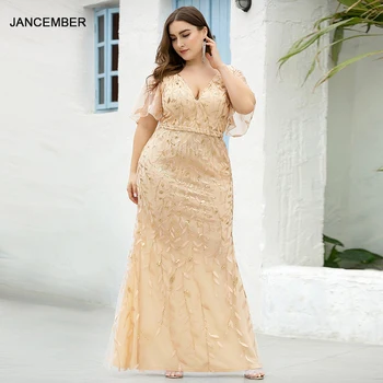 

JANCEMBER EP00692GD New Gold V-Neck Lotus Leaf Sleeve Sequined Mermaid Dress Evening Dress 2020 vestidos de noche fiesta