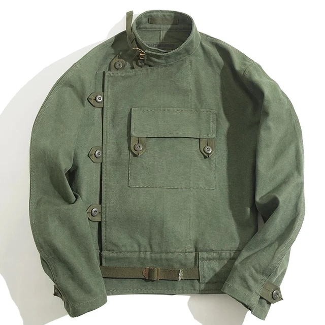Army Green Retro Jacket Misplaced Oblique Buckle Swedish Motorcycle Men's Jacket AMEKAJI Cotton Washed XXXL Jacket green