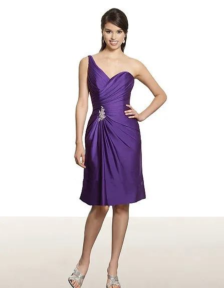 

free shipping Satin faced chiffon knee length A-line one shoulder open back asymmetric waist beaded medallion bridesmaid dress