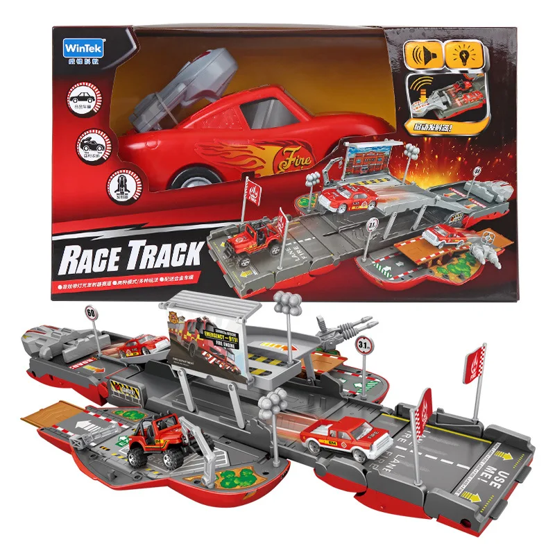 

Children Multi-functional Battle Track Transformation Alloy Car Toy Firefighting Police Rail Car Combination Educational Toy