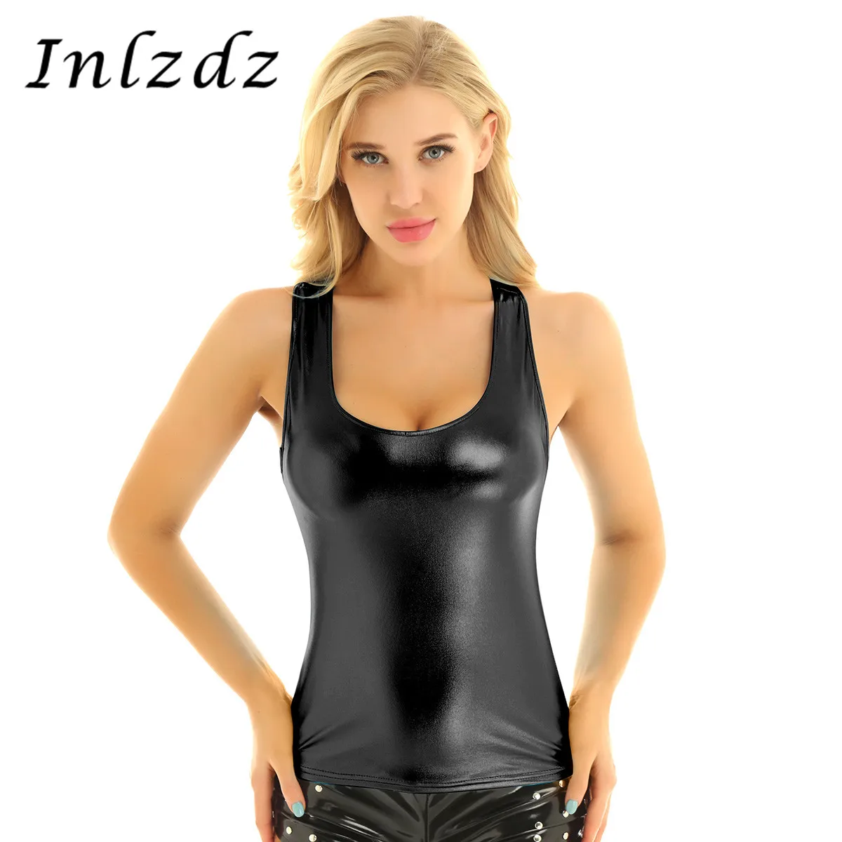 

Womens Shiny Street Tank Top Metallic Deep U-neckline Rave Top Sleeveless Racer Back Slim Fits Camisole Tank Top Sports Vest Top