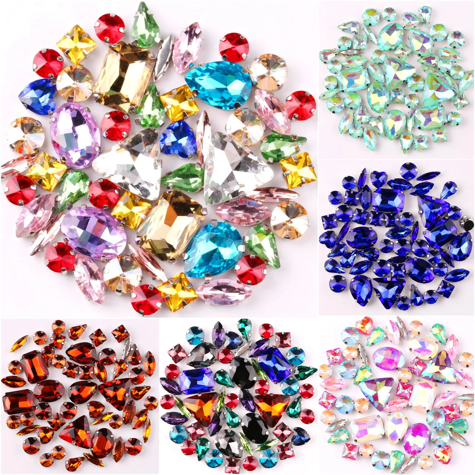 Silver Claw Setting Crystal Rhinestones - 50pcs Mixed Shapes, Clear & Jelly Candy AB