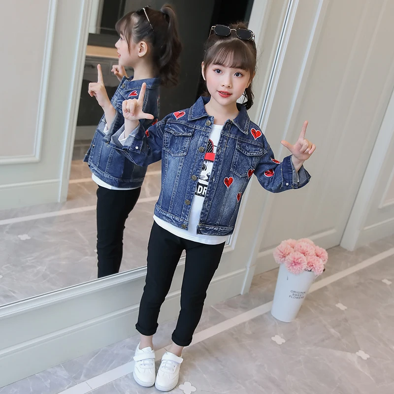 

2019 New Autumn Spring School Girls jean Jacket+ black Pants 2pcs Children Kids girls Set for 6 8 9 10 15 year 3245
