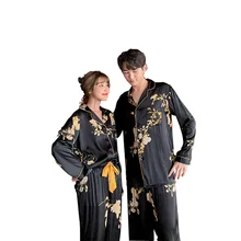 Polyester couples Pajamas Set V Neck Design Luxury Cross Letter Print Sleepwear Like Home Clothes XXL Large Size Nightwear