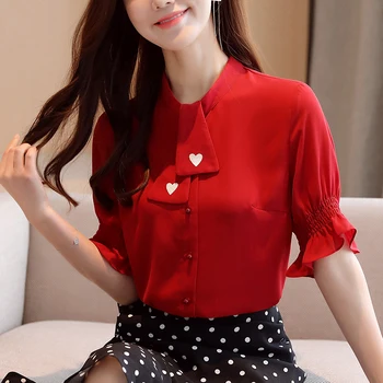 

COIGARSAM Short Sleeve blouse women Chiffon blusas womens tops and blouses Red 733