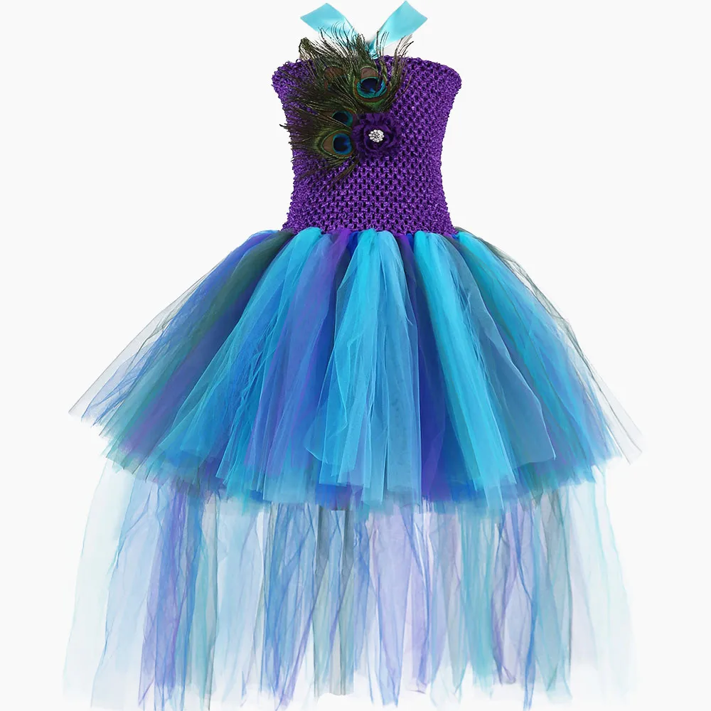 Пышное Платье для дня рождения с перьями павлина для девочек; разноцветное платье-пачка до колена для девочек; Рождественский костюм с длинным шлейфом