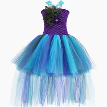 Пышное Платье для дня рождения с перьями павлина для девочек; разноцветное платье-пачка до колена для девочек; Рождественский костюм с длинным шлейфом
