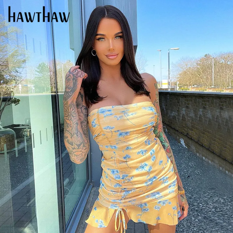 Hawthaw Women Summer Strapless Bodycon Floral Printed Pleated Package