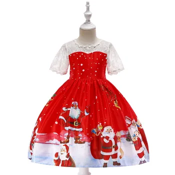 

Girls red Dress 3D printing snow Santa Claus Christmas tree Christmas Costume Halloween Party Princess Dresses kid gift