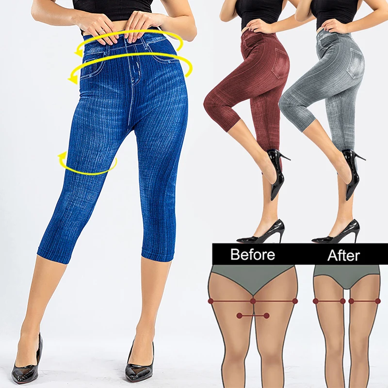 CALOFE 3/4 las mujeres Leggings alta cintura elástica Slim vaqueros Leggings Pantalones Jeggings mujer Leggings cortos 2020