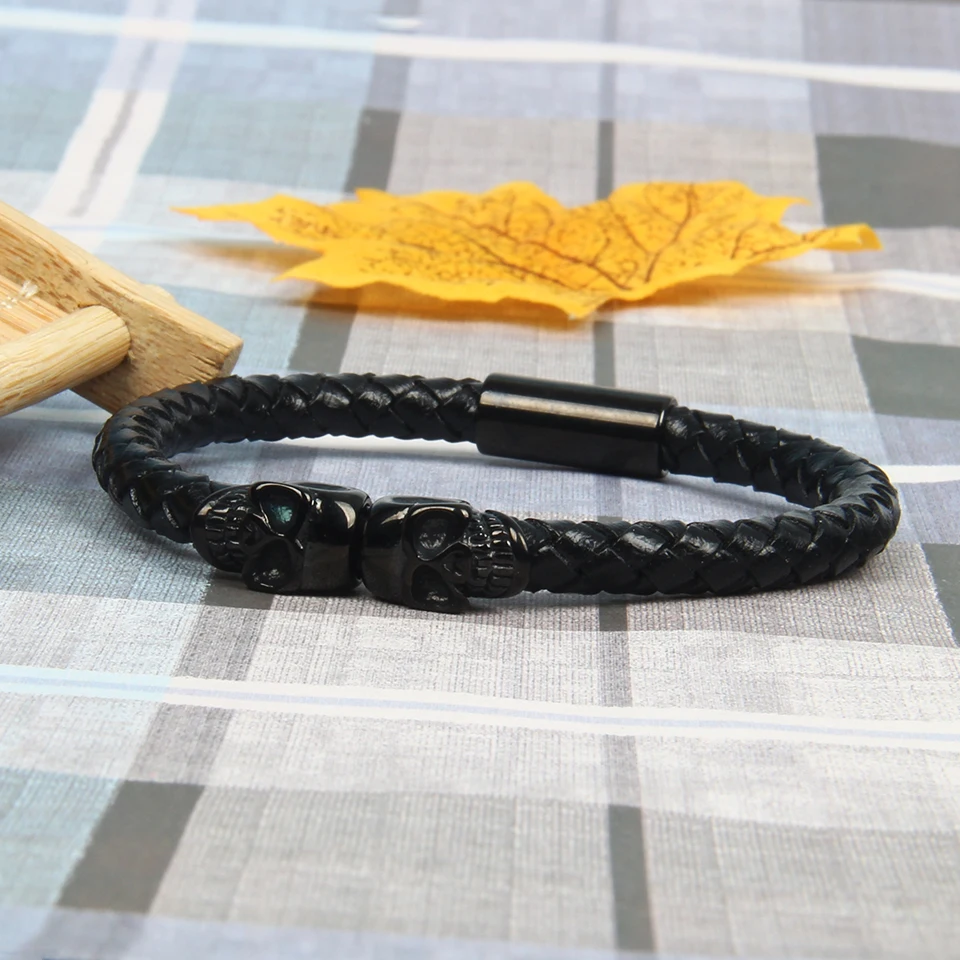Black leather skull Ailatu браслет из нержавеющей стали с двойным черепом из натуральной воловьей кожи черный магнит ювелирные изделия роскошный мужской подарок - Окраска металла: Black leather skull