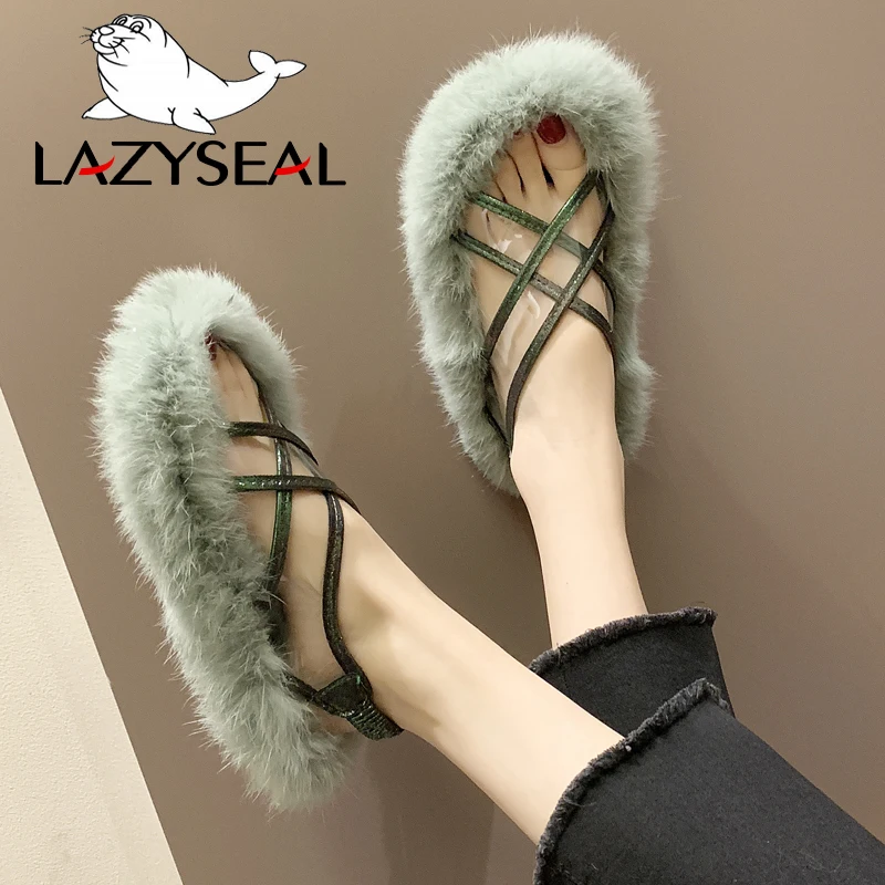 LazySeal/сандалии с ремешком сзади на натуральном меху; женская обувь; прозрачные женские меховые шлепанцы на плоской подошве с окантовкой; женские повседневные вьетнамки