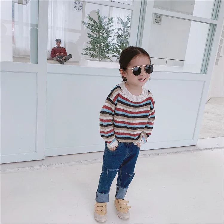 

Hsenting 2019 Spring New Style Korean-style Children Faux Dehaired Angora Rainbow Stripes Long Sleeve Crew Neck Pullover Sweater