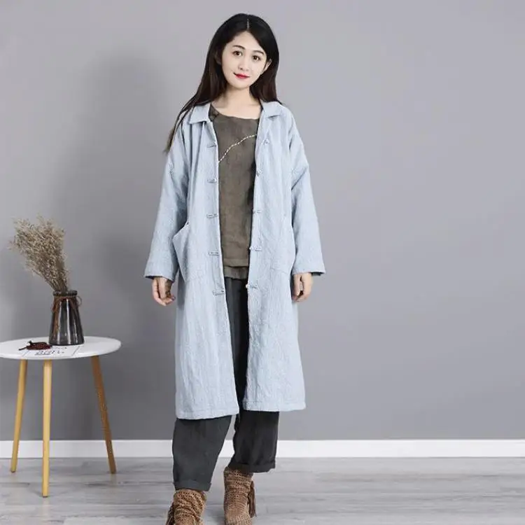 Небесно-голубой Johnature Cotton Linen Turn-down Collar Autumn Winter Jacquard Long Coat New Casual Fashion Single Breasted Women Windswear - Цвет: Небесно-голубой