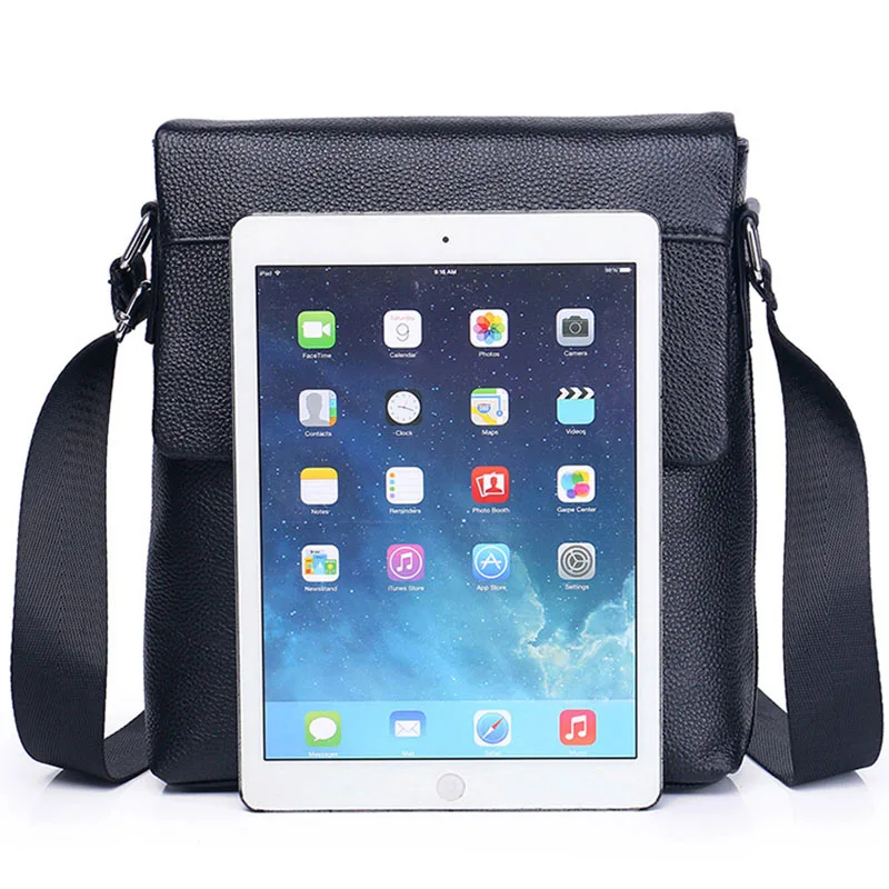 GO-LUCK Brand Classic Black Flap Bussiness Ipad Pack Genuine Leather Men Messenger Bag Men's Crossbody Shoulder Bags