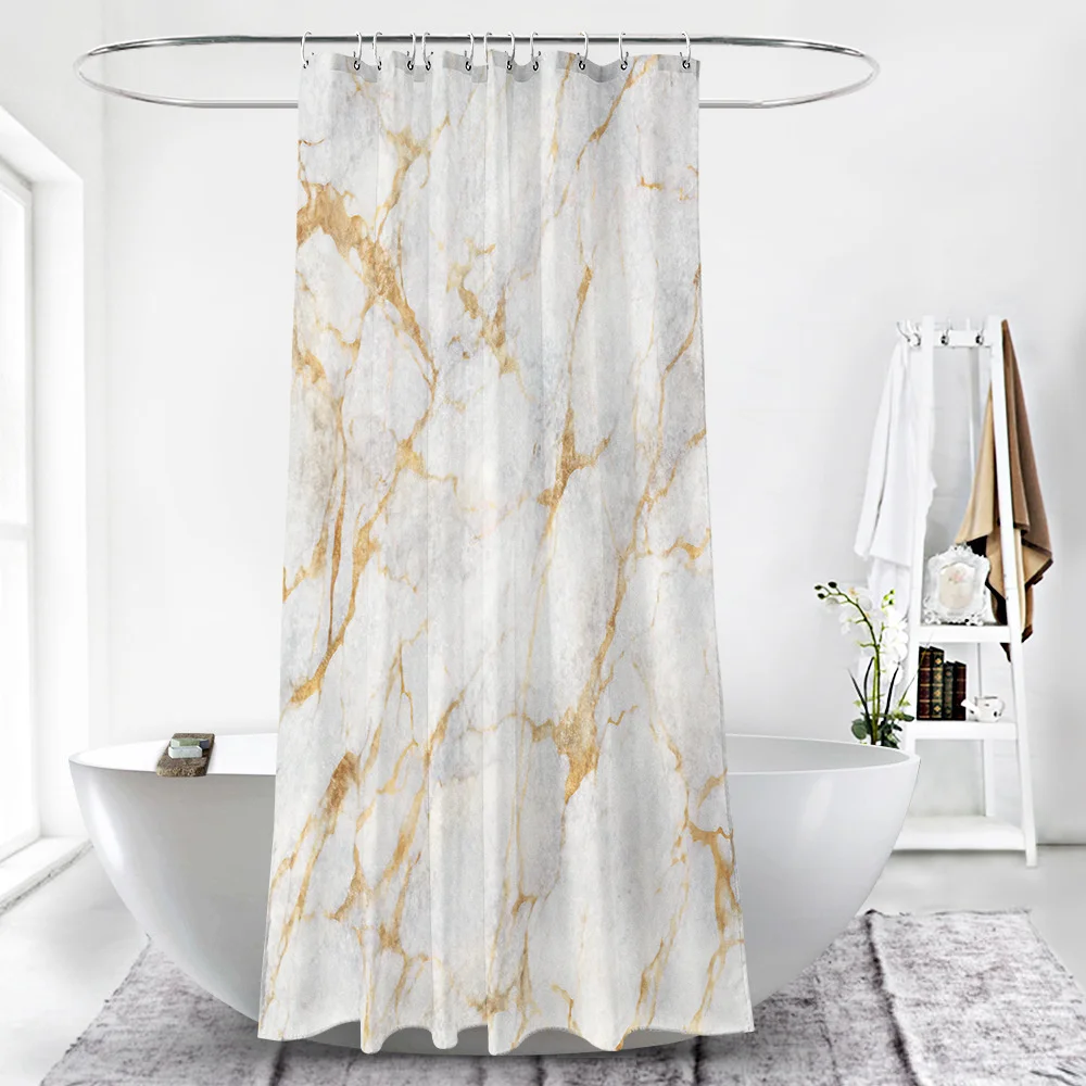 180x180cm Marble Style Bathroom Waterproof Fabric Shower Curtain & 12 Hooks 