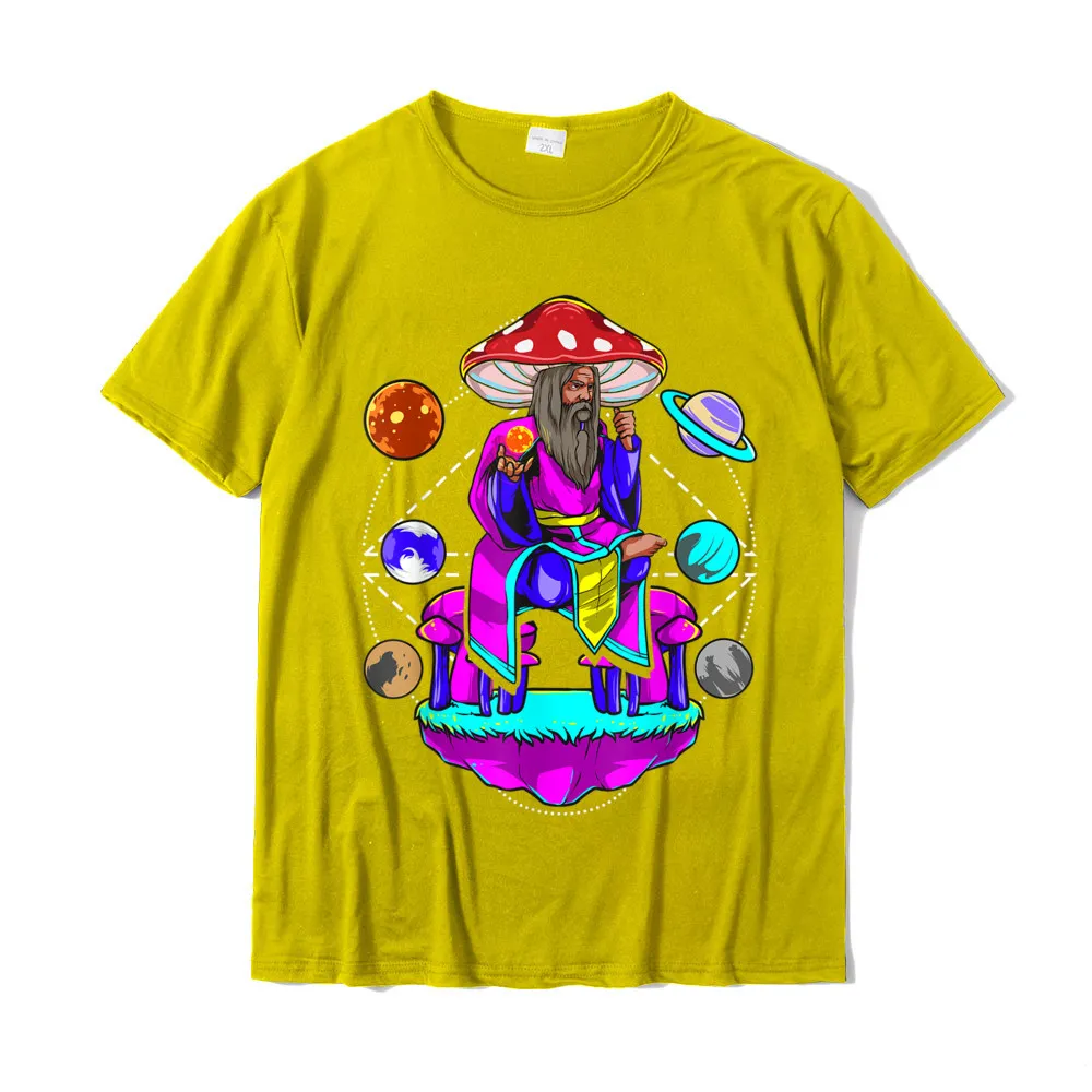 Unique Printed On Short Sleeve Tops & Tees Fall Round Neck 100% Cotton Men T Shirt Printed On Tops Tees Cute Drop Shipping Funny Magic Mushroom Wizard Planet Shroom LSD Acid Trip T-Shirt__20056 yellow