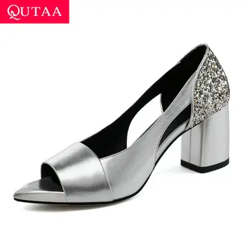 

QUTAA 2020 Cow Leather Sequins PU Sandals Square High Heel Fashion Women Shoes Summer Peep Toe Cut Outs Ladies Pumps Size 34-42
