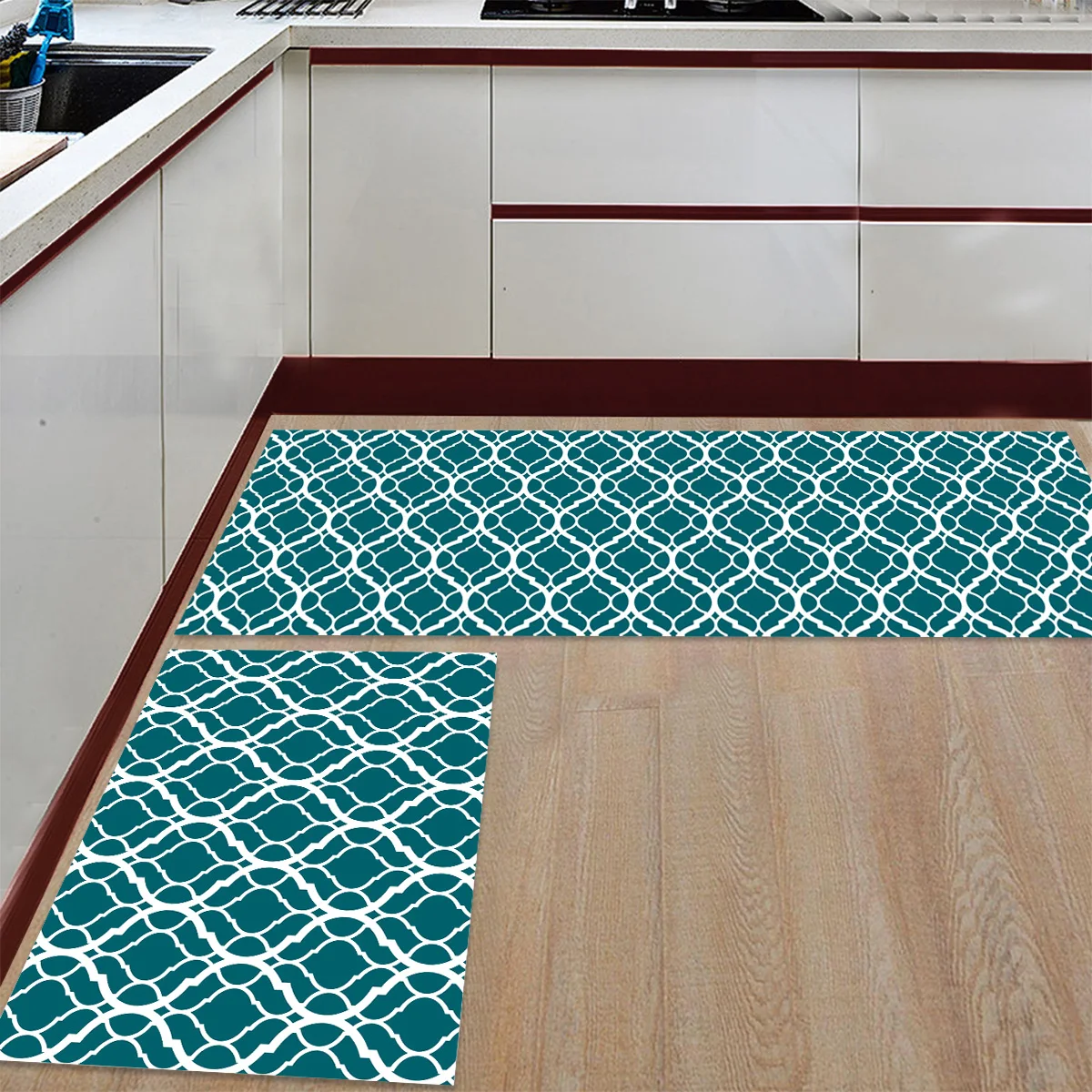 Moroccan Green Pattern 2 Piece Mat For Kitchen Under A Pet Water Food Bowl Bathroom Accessories Set Dirt Debris Mud Trapper Boot