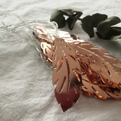 LED Light String New Rose Gold Wrought Iron Feather Leaves 10 Led Battery Light Bedroom Party Decoration Christmas Lights String