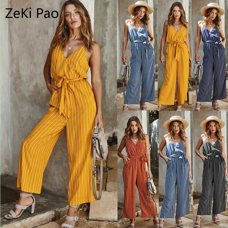 Fashionable Loose Casual Women's Jumpsuit 2020 Spring and Summer Elegant Long Pants Bowknot Belt Stripe V-neck Sexy Jumpsuit Fashionable Loose Casual Women's Jumpsuit 2020 Spring and Summer Elegant Long Pants Bowknot Belt Stripe V-neck Sexy Jumpsuit