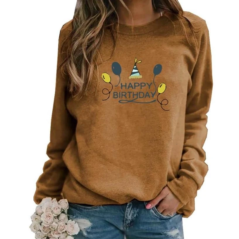 

Hoodies For Women Happy Birthday Letters Print Long Sleeve Round Neck Hoodies Sweatshirt Woman Cotton Tops Harajuku Plus Size