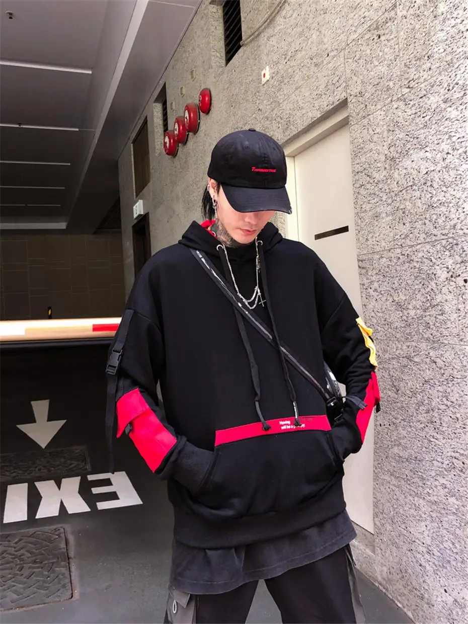 Толстовки для мужчин Harajuku карман письмо печатных свитер с капюшоном уличная мода хип хоп топы мужское худи WG458