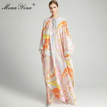

MoaaYina Fashion Designer dress Spring Autumn Women's Dress Batwing Sleeve Geometry Print Loose Maxi robe Dresses