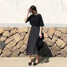 Летняя длинная юбка женская в Корейском стиле винтажная в горошек тонкая высокая талия черная Шифоновая Юбка saia longa PV247