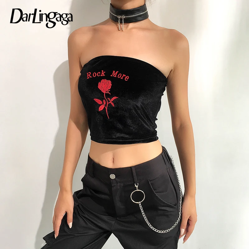 Darlingaga, модный велюровый Топ без бретелек, бандо, принт с розами, черный укороченный топ, Повседневный, с открытыми плечами, тонкий женский топ, Майки