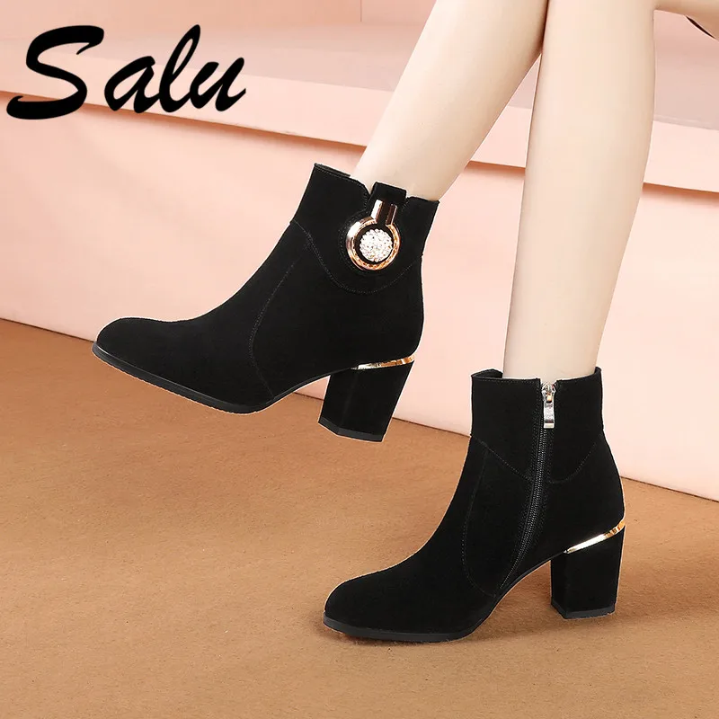

Salu Cow Suede Women Black Elegant Ankle Boots Warm Winter High Heels Prom Chelsea Boots Plus Size Basic Platform Shoes Woman