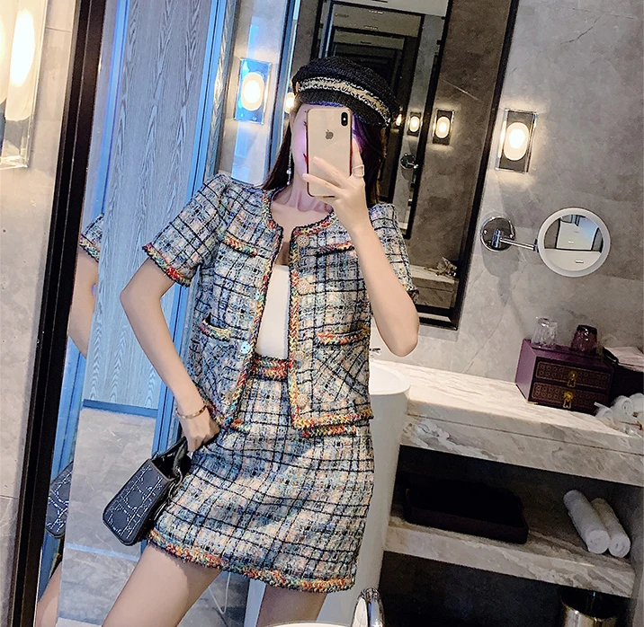 Autumn Tweed 2 Piece Set Suit Women Weave Plaid Button Pocket Short Jacket Coats+ Mini Pencil Skirt Set Two Piece Outfits