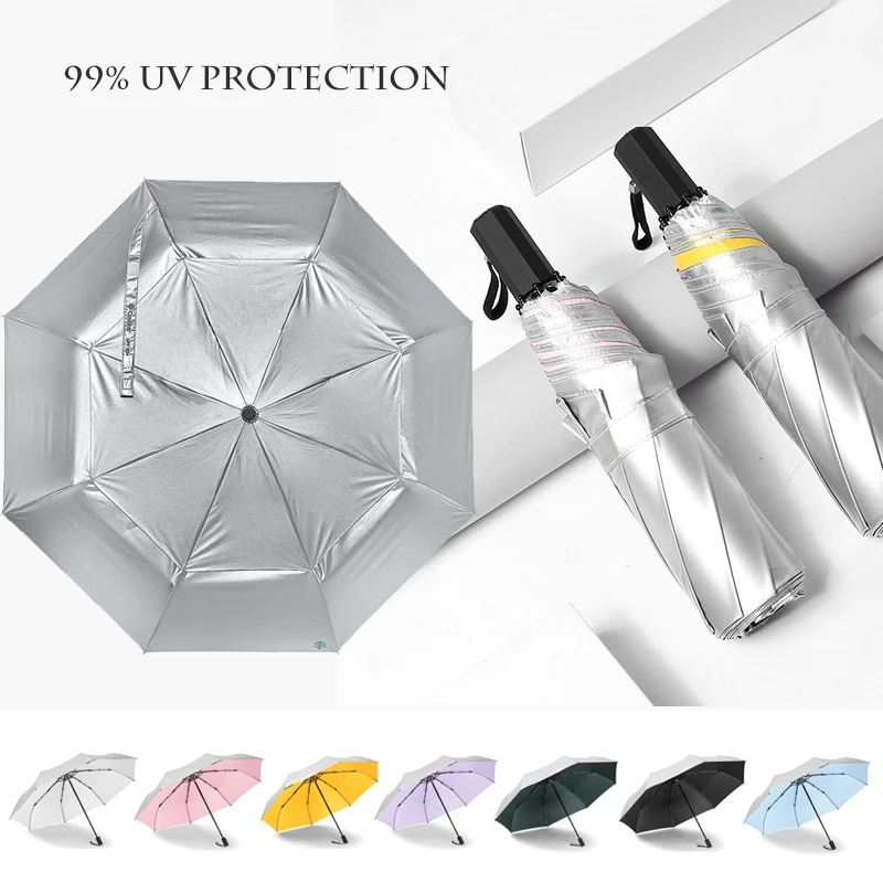 Зонт от солнца и дождя с защитой от ультрафиолета легкий титановый серебристый с черным покрытием складной зонт с 8 ребрами мужской ветрозащитный женский