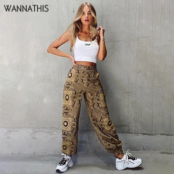 

WannaThis Pattern Print Hight Waist Trousers Women Vintage Loose Cargo Pants Pocket Elastic Waist Summer Casual Print Streetwear