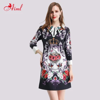 

Designer Spring Autumn new Fashion Women Vintage Lapels Beaded Zipper Nine Points Sleeve Print Mini Dress Elegant Vestido Festa